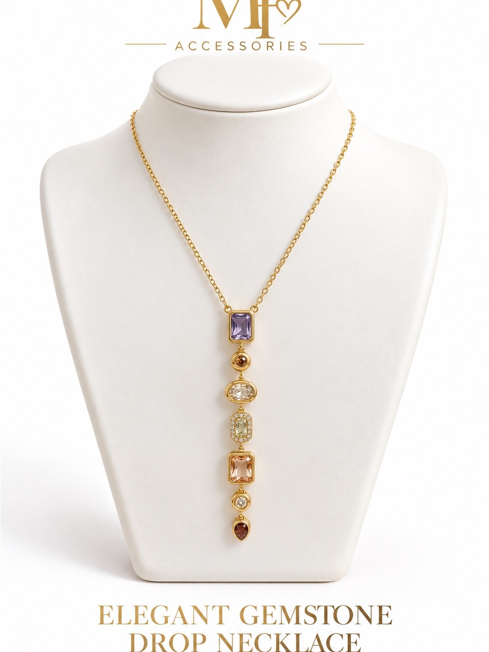 Elegant Gold Gemstone Drop Necklace - Purple & Multi